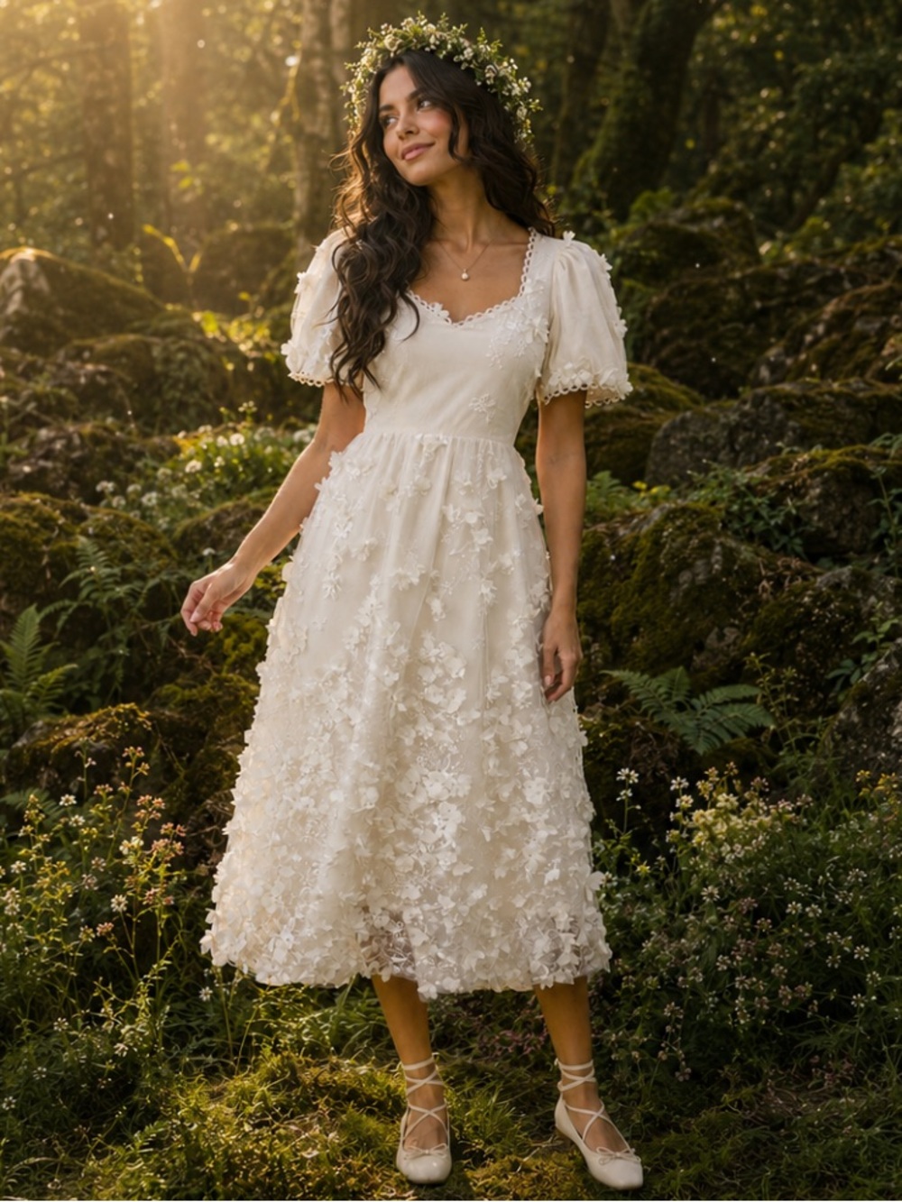 Just Me Daffodils & Daydreams Ivory Floral Puff Sleeve Dress Fairycore Coquette